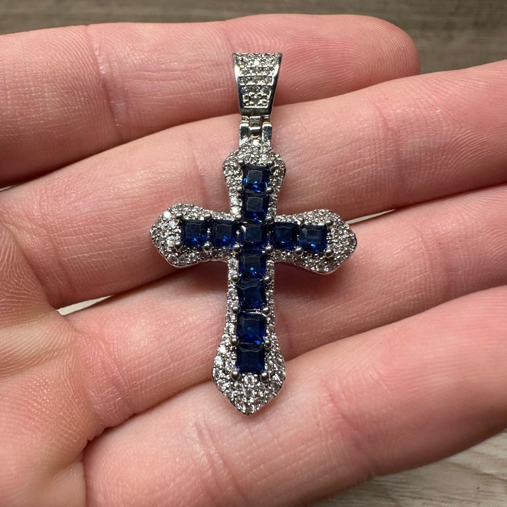 Elegant Plated Silver and Blue CZ Cross Pendant